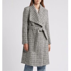 Sam Edelman‎ Tweed Drape Lapel Wrap Coat, Natural Tweed, Black Gray Size 8, NWT